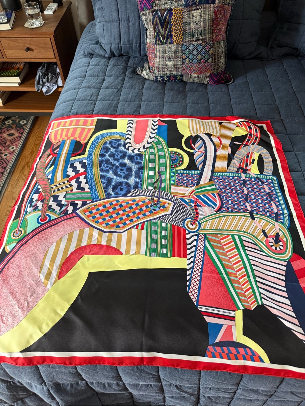 Hermès Silk Scarf 35” x 35” – Graphic Geometric Print in Red, Black & Blue